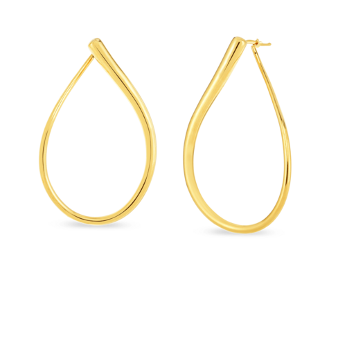18K YELLOW DESIGNER GOLD LARGE OPEN TEARDROP HOOP EARRINGS